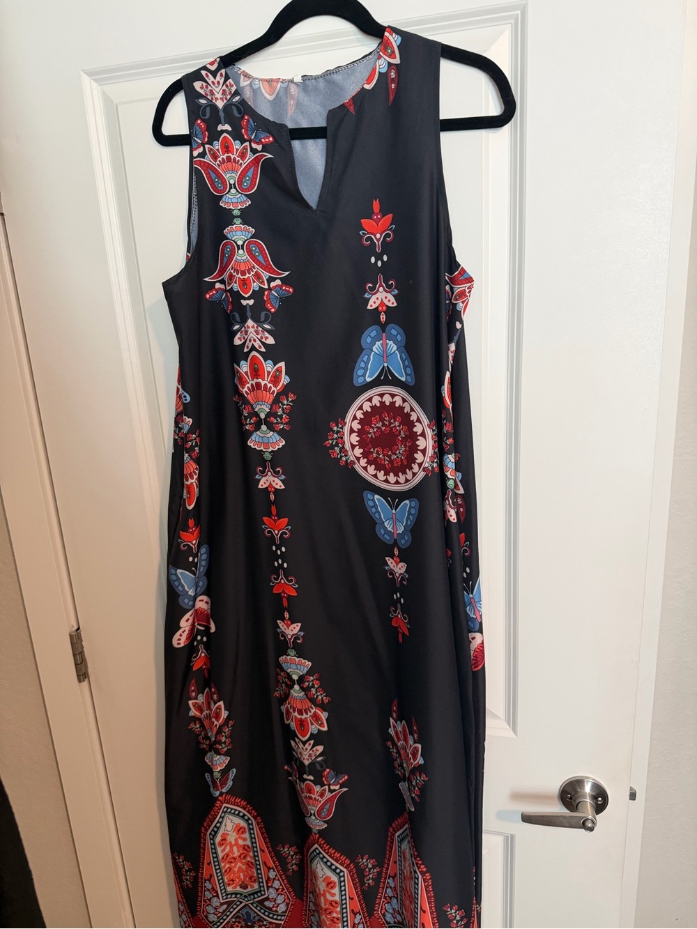 Sleeveless Black Maxi Dress with Red & Blue Floral Medallion Print